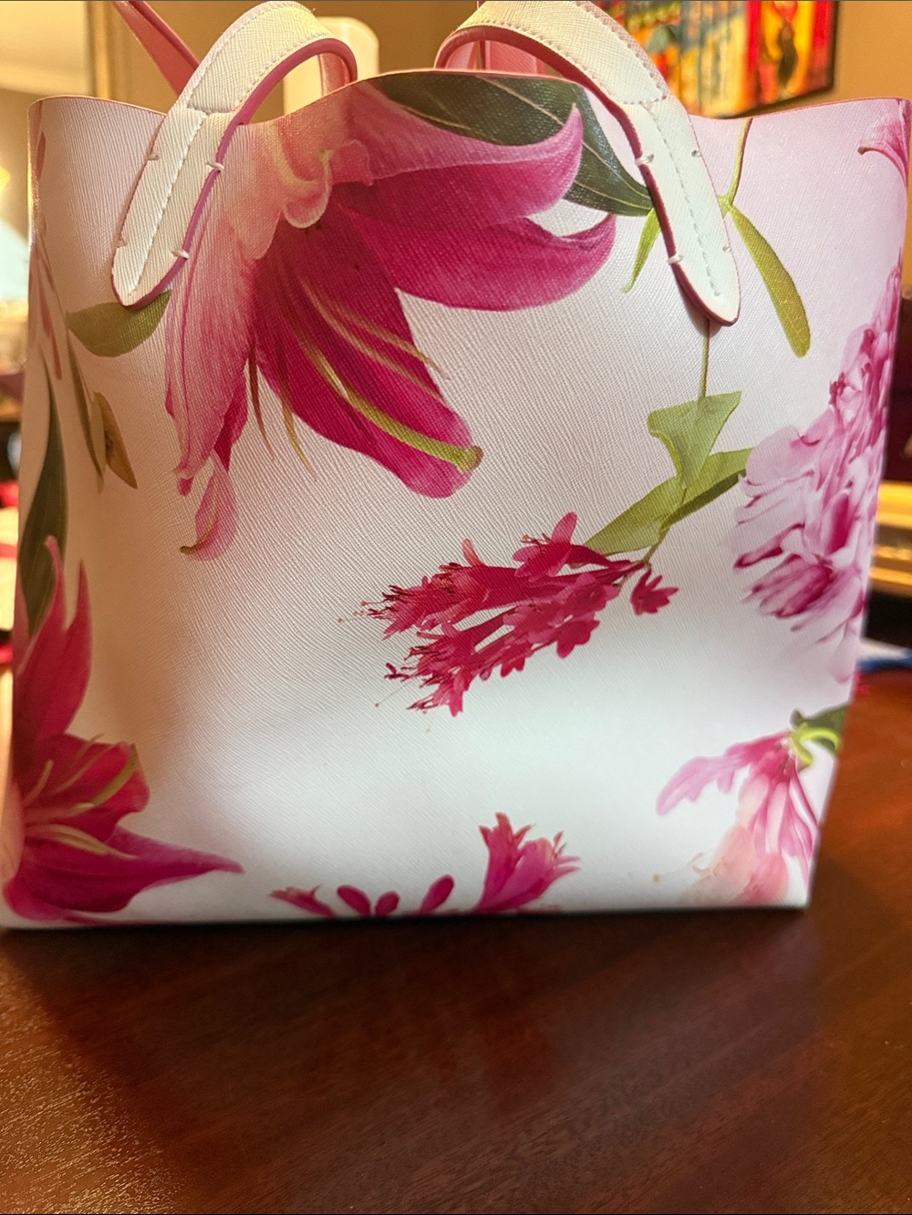 Pink Floral White Tote Bag with Top Handles